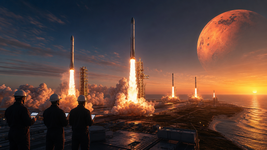 Concept éditorial : plusieurs fusées américaines décollent d'un complexe de lancement côtier au lever du soleil, voie lactée et Mars rougie dans le ciel, pour l'article sur la politique spatiale nationale NSPM-17 de Trump et l'objectif de 1 000 lancements par an