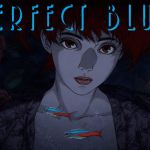 Affiche officielle de Perfect Blue, Mima Kirigoe aux cheveux rouges avec les tétra néon, Satoshi Kon