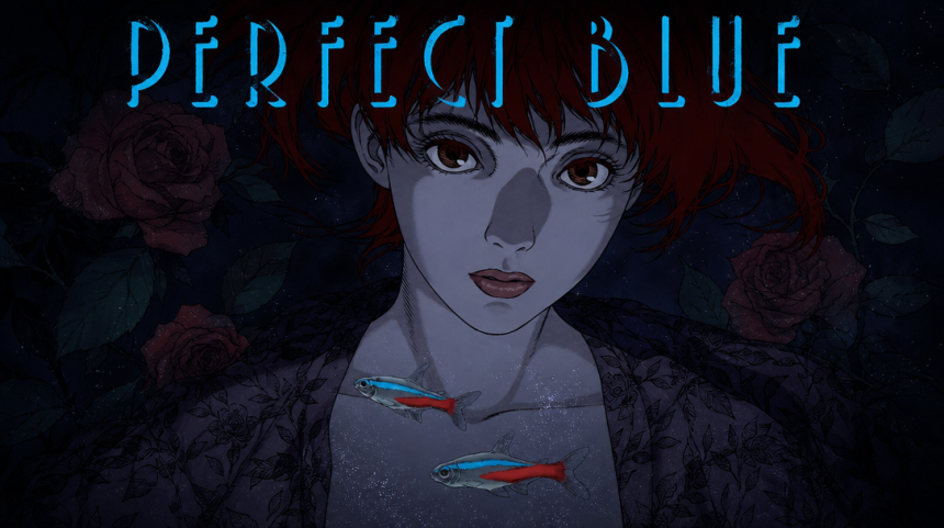 Affiche officielle de Perfect Blue, Mima Kirigoe aux cheveux rouges avec les tétra néon, Satoshi Kon