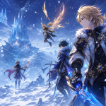 Concept anime Genshin style, personnages affrontant un monde enneigé fantastique avec château de glace