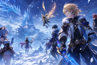 Concept anime Genshin style, personnages affrontant un monde enneigé fantastique avec château de glace