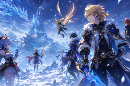 Concept anime Genshin style, personnages affrontant un monde enneigé fantastique avec château de glace