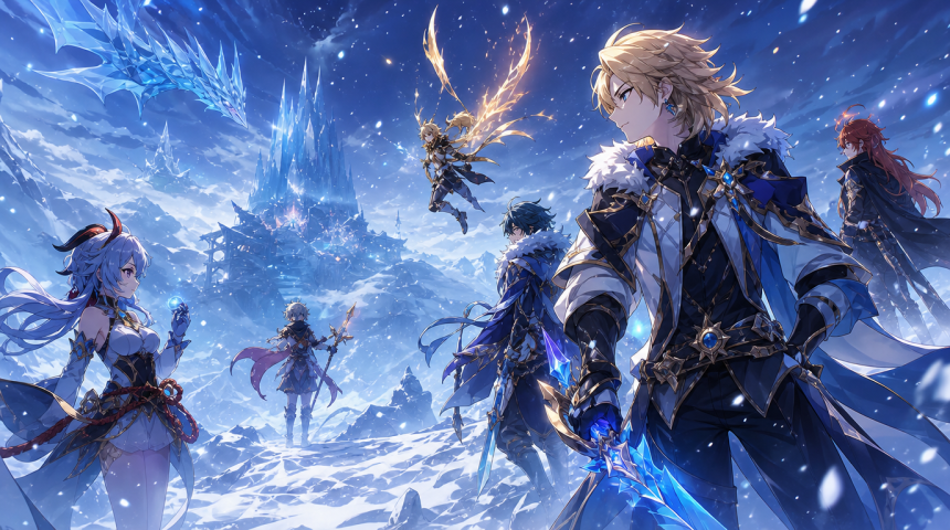Concept anime Genshin style, personnages affrontant un monde enneigé fantastique avec château de glace