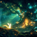 Concept key art évoquant un nouvel Ori : petit esprit de lumière blanc dans une forêt magique lumineuse