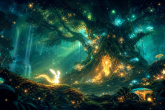 Concept key art évoquant un nouvel Ori : petit esprit de lumière blanc dans une forêt magique lumineuse