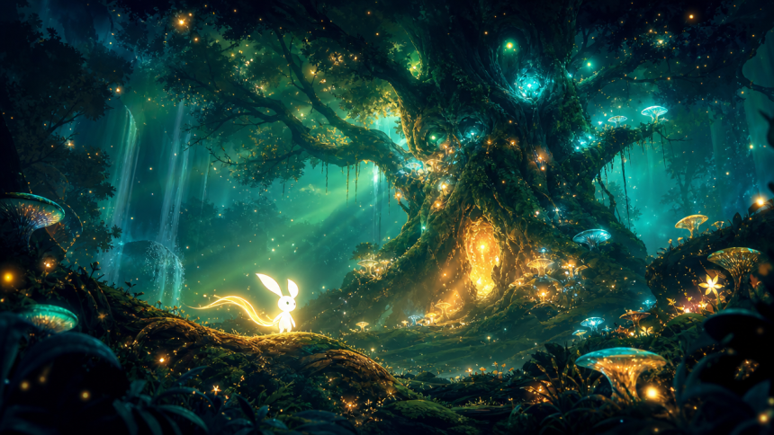 Concept key art évoquant un nouvel Ori : petit esprit de lumière blanc dans une forêt magique lumineuse