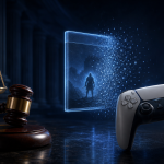 Concept : manette PlayStation, balance de la justice et jeu numérique se dissolvant en particules, procès Sony sur la licence des jeux dématérialisés