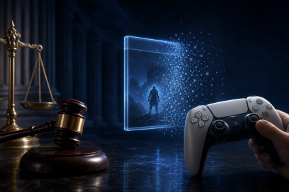 Concept : manette PlayStation, balance de la justice et jeu numérique se dissolvant en particules, procès Sony sur la licence des jeux dématérialisés
