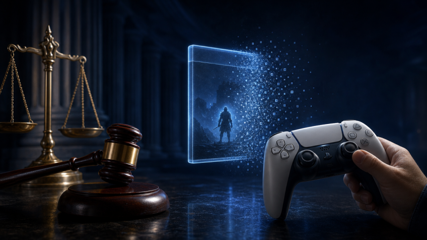 Concept : manette PlayStation, balance de la justice et jeu numérique se dissolvant en particules, procès Sony sur la licence des jeux dématérialisés