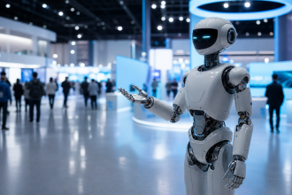 Robot humanoïde exposé dans les allées de la World Robot Conference 2026 à Pékin