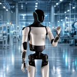 Robot humanoïde type Tesla Optimus dans un hall industriel futuriste, production à grande échelle