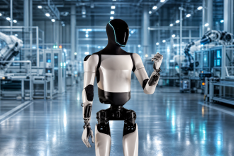 Robot humanoïde type Tesla Optimus dans un hall industriel futuriste, production à grande échelle