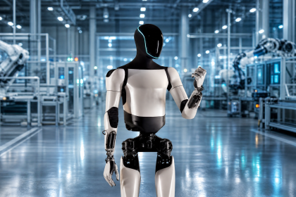 Robot humanoïde type Tesla Optimus dans un hall industriel futuriste, production à grande échelle