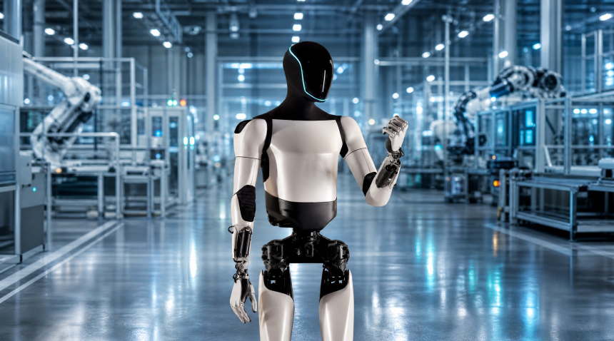 Robot humanoïde type Tesla Optimus dans un hall industriel futuriste, production à grande échelle