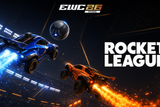 Esports World Cup 2026 Rocket League à Paris : logo officiel EWC 26 avec deux voitures Rocket League en action dans l'arène