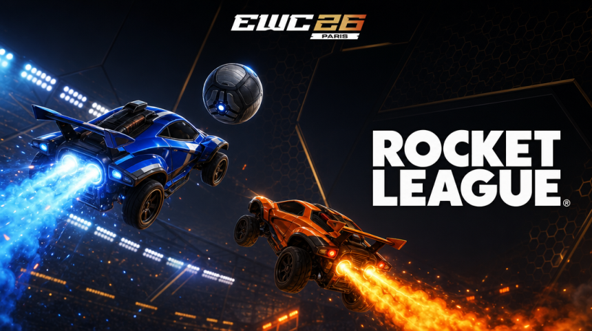 Esports World Cup 2026 Rocket League à Paris : logo officiel EWC 26 avec deux voitures Rocket League en action dans l'arène