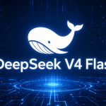DeepSeek V4 Flash - logo blanc et nom du modèle sur fond tech abstrait