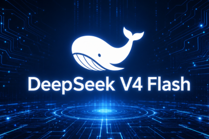 DeepSeek V4 Flash - logo blanc et nom du modèle sur fond tech abstrait