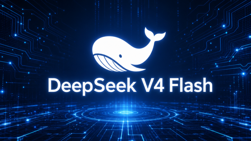 DeepSeek V4 Flash - logo blanc et nom du modèle sur fond tech abstrait