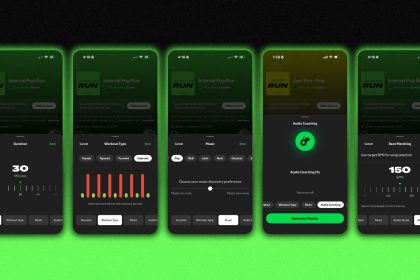 Image officielle du mode Running de Spotify montrant l'interface de personnalisation de la playlist de course sur fond vert