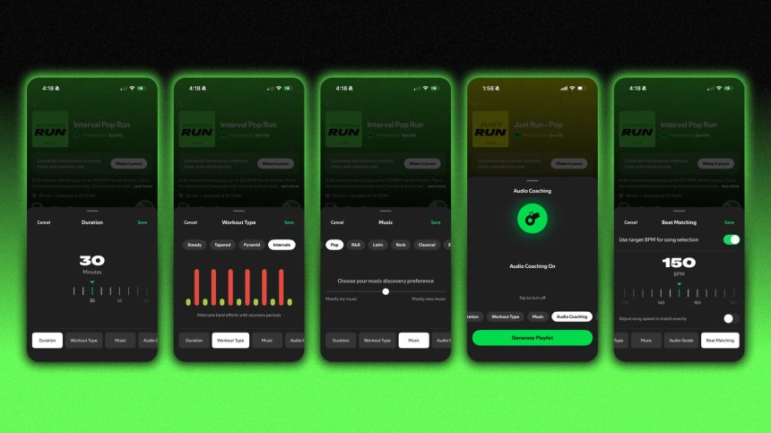 Image officielle du mode Running de Spotify montrant l'interface de personnalisation de la playlist de course sur fond vert