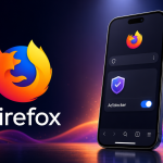 iPhone affichant Firefox sur iOS avec le bloqueur de publicités natif activé, logo Firefox