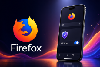 iPhone affichant Firefox sur iOS avec le bloqueur de publicités natif activé, logo Firefox