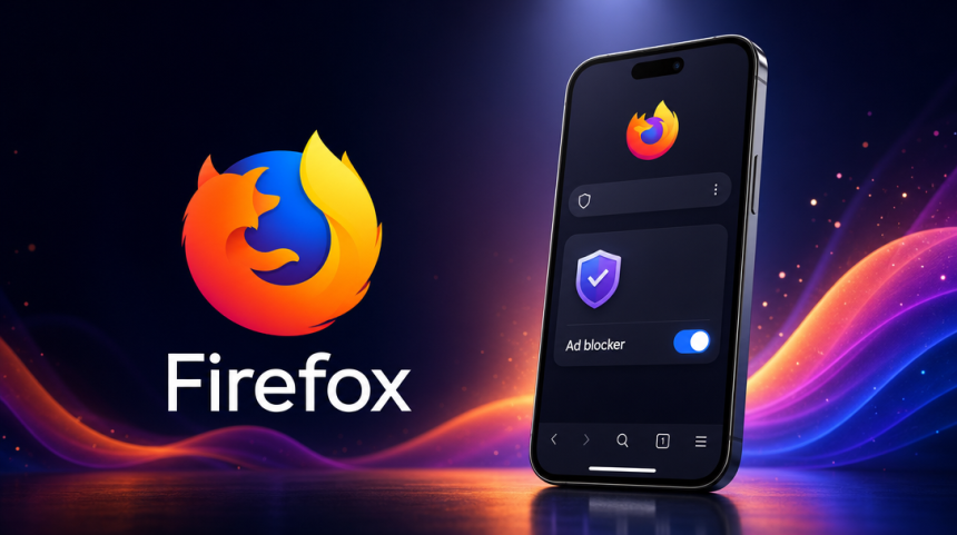 iPhone affichant Firefox sur iOS avec le bloqueur de publicités natif activé, logo Firefox