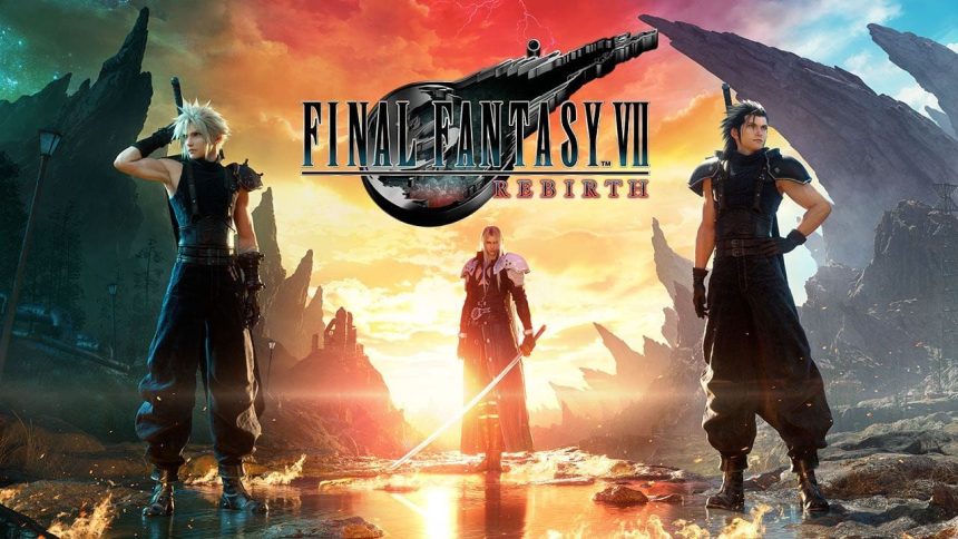 Key art officiel de Final Fantasy 7 Rebirth avec Cloud Strife, Sephiroth et Zack Fair