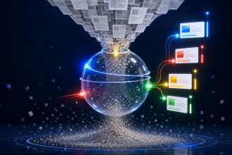 Concept illustrant le filtre algorithmique de Google SpamBrain qui élimine le contenu SEO généré en masse par IA