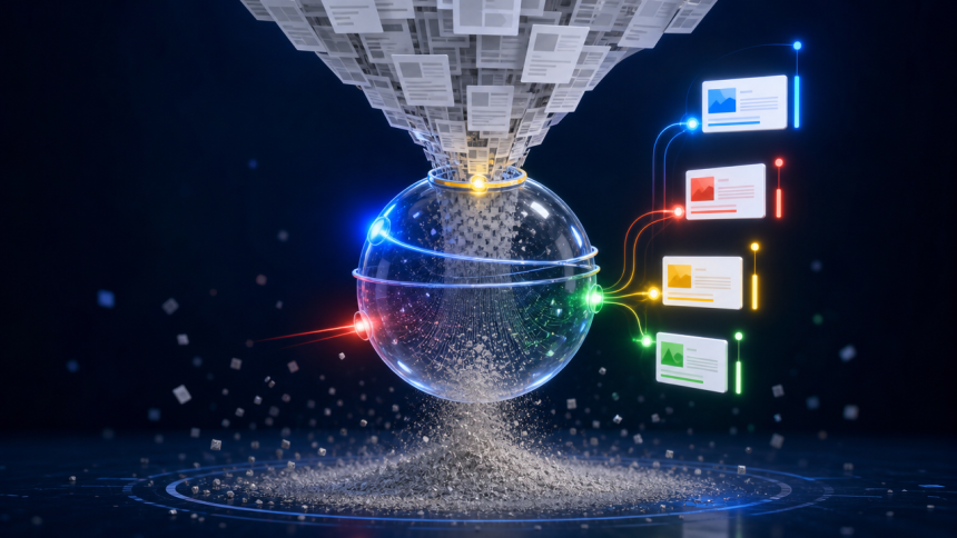 Concept illustrant le filtre algorithmique de Google SpamBrain qui élimine le contenu SEO généré en masse par IA