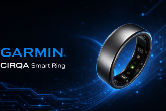 Garmin CIRQA Smart Ring, anneau connecté concept sur fond techno bleu