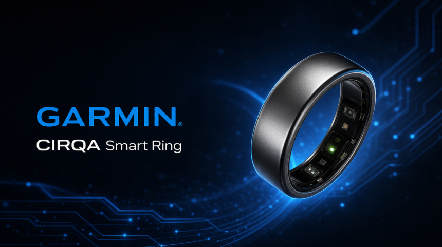 Garmin CIRQA Smart Ring, anneau connecté concept sur fond techno bleu