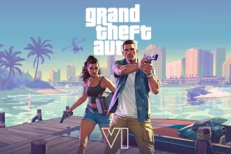 GTA 6, artwork officiel de Rockstar avec les protagonistes Lucia et Jason et le logo du jeu