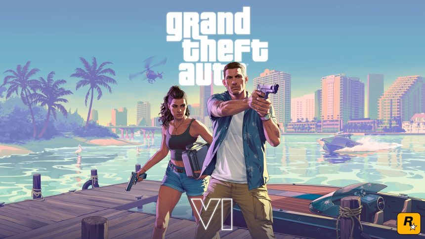 GTA 6, artwork officiel de Rockstar avec les protagonistes Lucia et Jason et le logo du jeu
