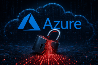 Concept Azure : cadenas fissuré avec fuite de données binaires rouges sur un nuage cloud, illustrant la vente de 3,6 millions de comptes