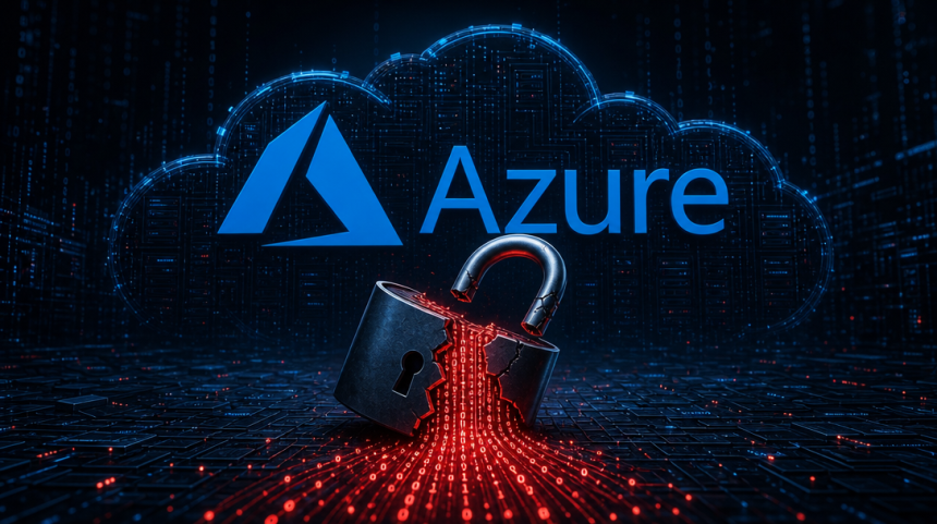 Concept Azure : cadenas fissuré avec fuite de données binaires rouges sur un nuage cloud, illustrant la vente de 3,6 millions de comptes
