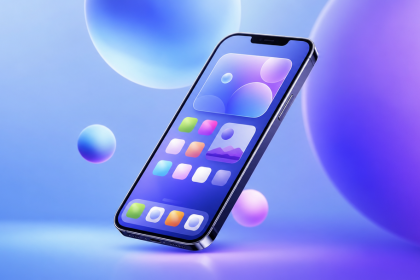 Concept smartphone premium avec icônes colorées, mise à jour iOS 27