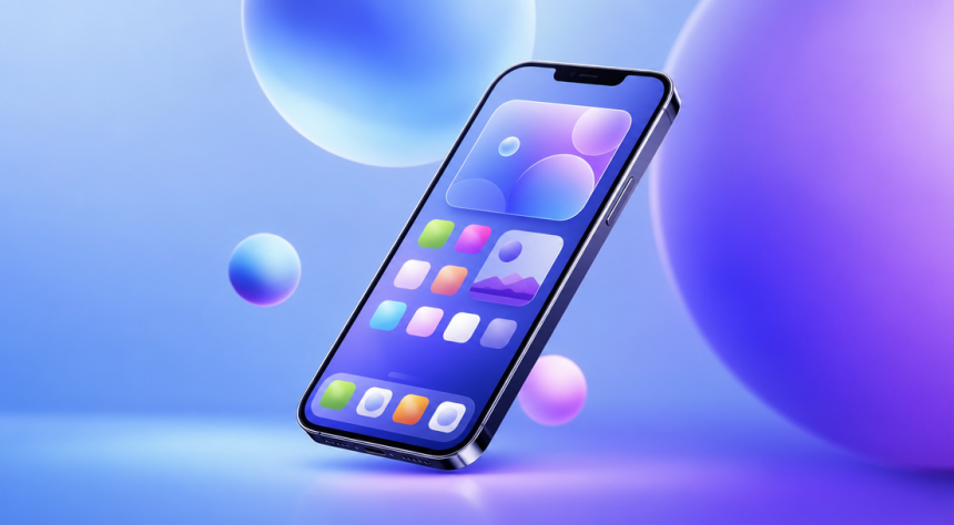 Concept smartphone premium avec icônes colorées, mise à jour iOS 27