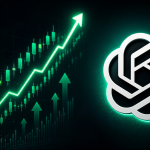 Concept : logo officiel OpenAI avec une courbe de croissance boursière ascendante et un signe dollar, évoquant l'IPO