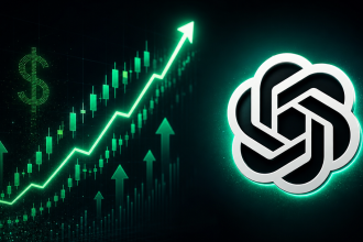 Concept : logo officiel OpenAI avec une courbe de croissance boursière ascendante et un signe dollar, évoquant l'IPO