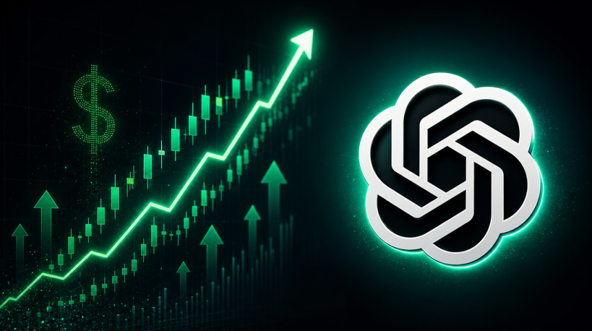 Concept : logo officiel OpenAI avec une courbe de croissance boursière ascendante et un signe dollar, évoquant l'IPO