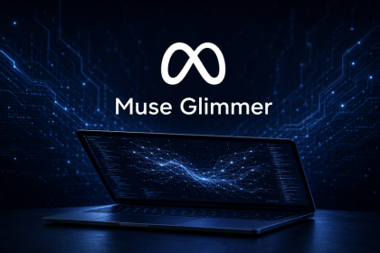 Logo Meta avec le nom du modèle Muse Glimmer sur fond techno sombre