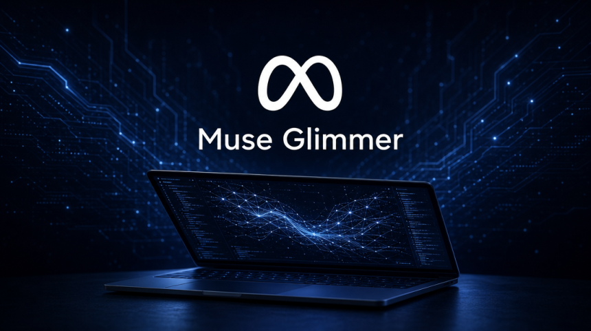 Logo Meta avec le nom du modèle Muse Glimmer sur fond techno sombre