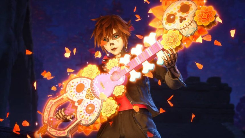 Key art officiel de la série anime Kingdom Hearts commandée par Disney+ et Disney Channel, montrant Sora armé de sa Keyblade aux motifs de sucre et de soucis, en écho au monde Coco.