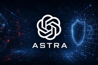 Logo OpenAI avec le nom du modèle Astra, concept sombre inspiré cybersécurité