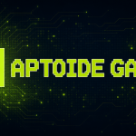 Logo Aptoide Games, cœur pixelisé vert lime sur fond techno abstrait sombre