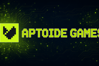 Logo Aptoide Games, cœur pixelisé vert lime sur fond techno abstrait sombre