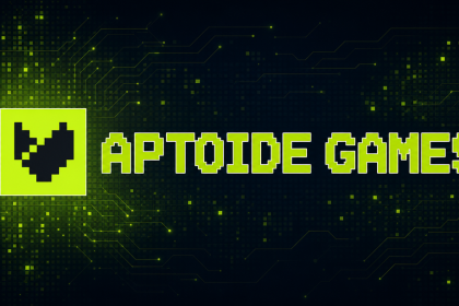 Logo Aptoide Games, cœur pixelisé vert lime sur fond techno abstrait sombre
