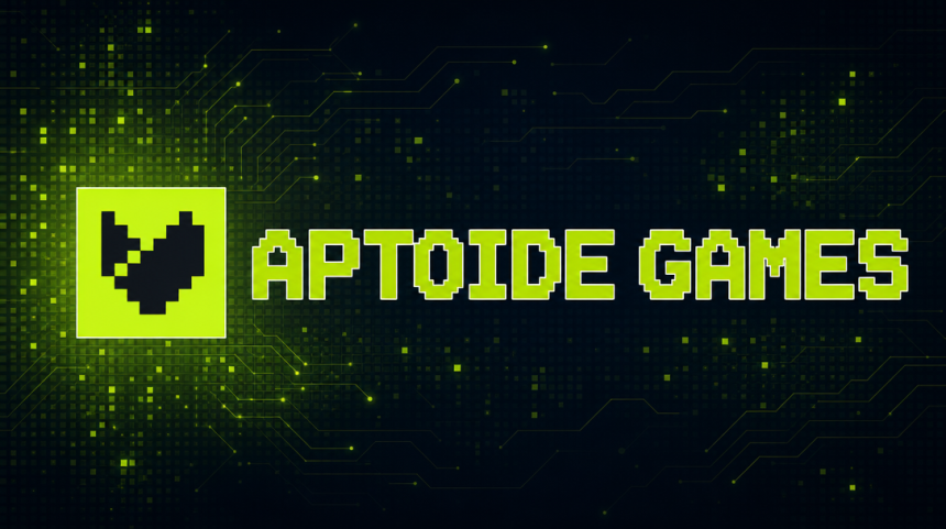 Logo Aptoide Games, cœur pixelisé vert lime sur fond techno abstrait sombre